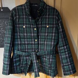 J. Crew Green Plaid Quilted Belted Puffer Jacket M Like New